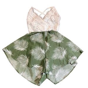 Shein Women’s Dress Romper White Lace Top Green Leaf Flowing Bottom Small (4)